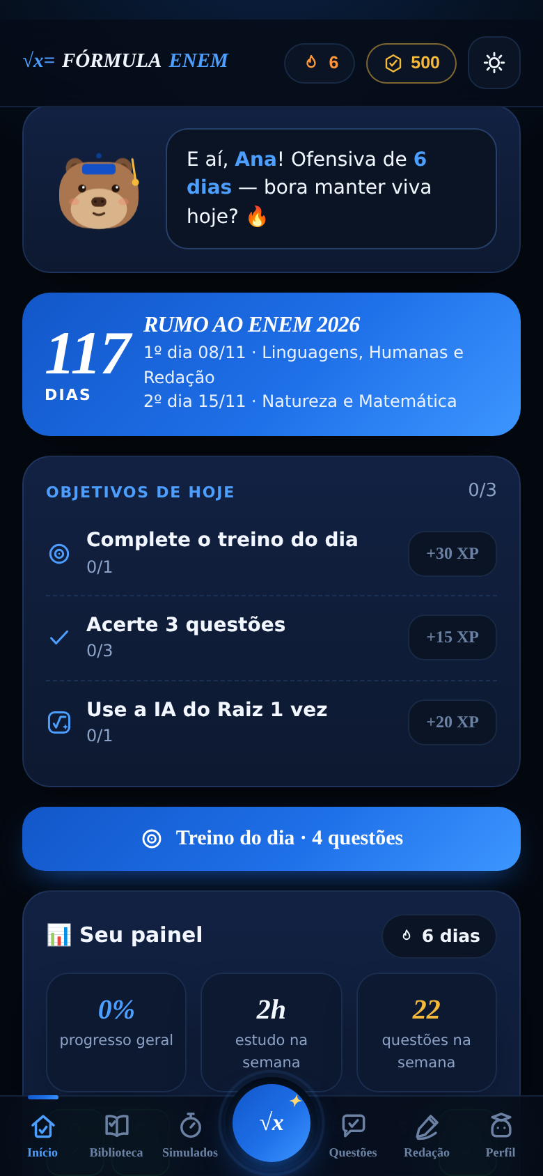 Tela Início do app Fórmula ENEM