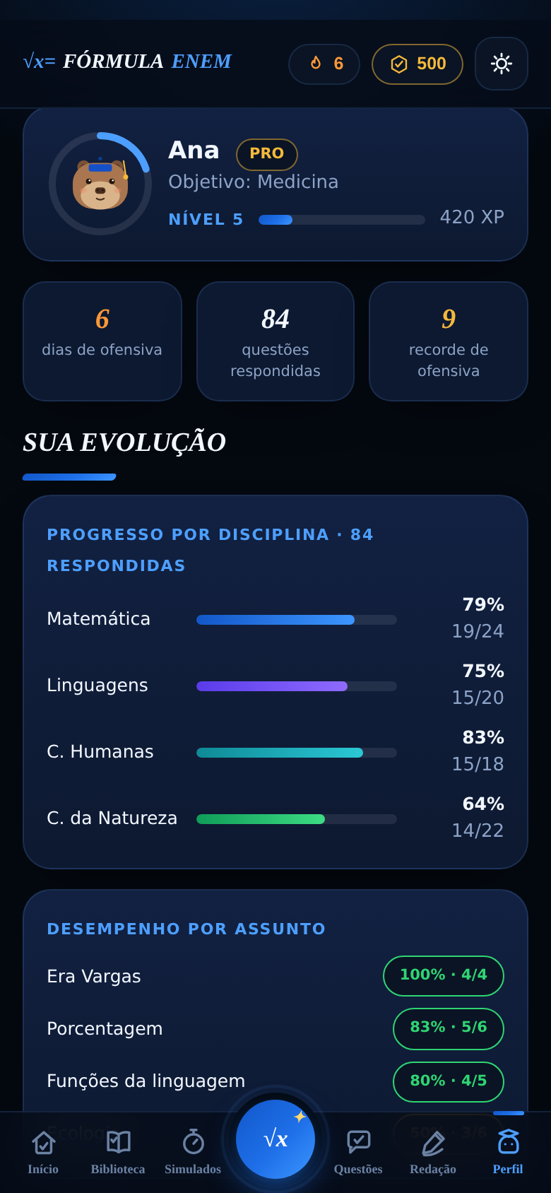 Tela de Perfil do app Fórmula ENEM