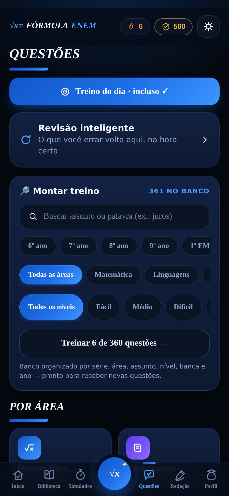 Tela de Questões do app Fórmula ENEM